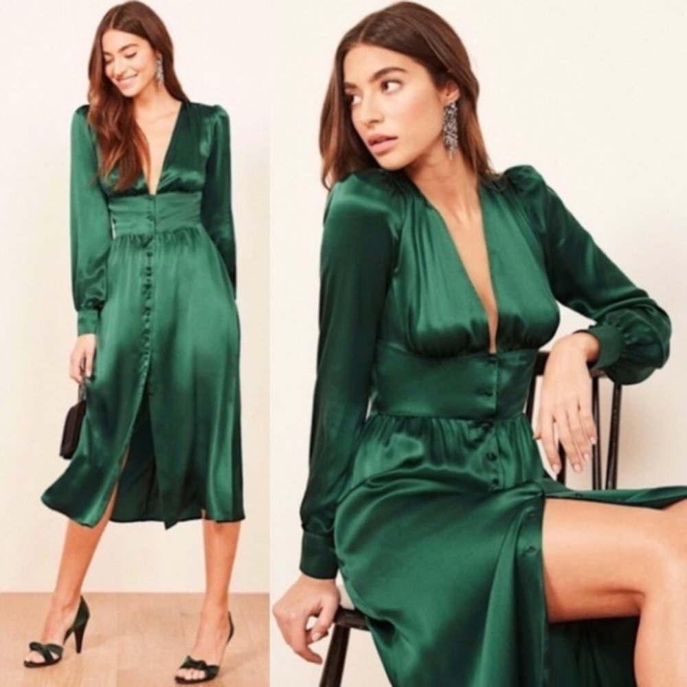 Reformation Nicola Silk Midi Dress Emerald Green 4 - Picture 1 of 12